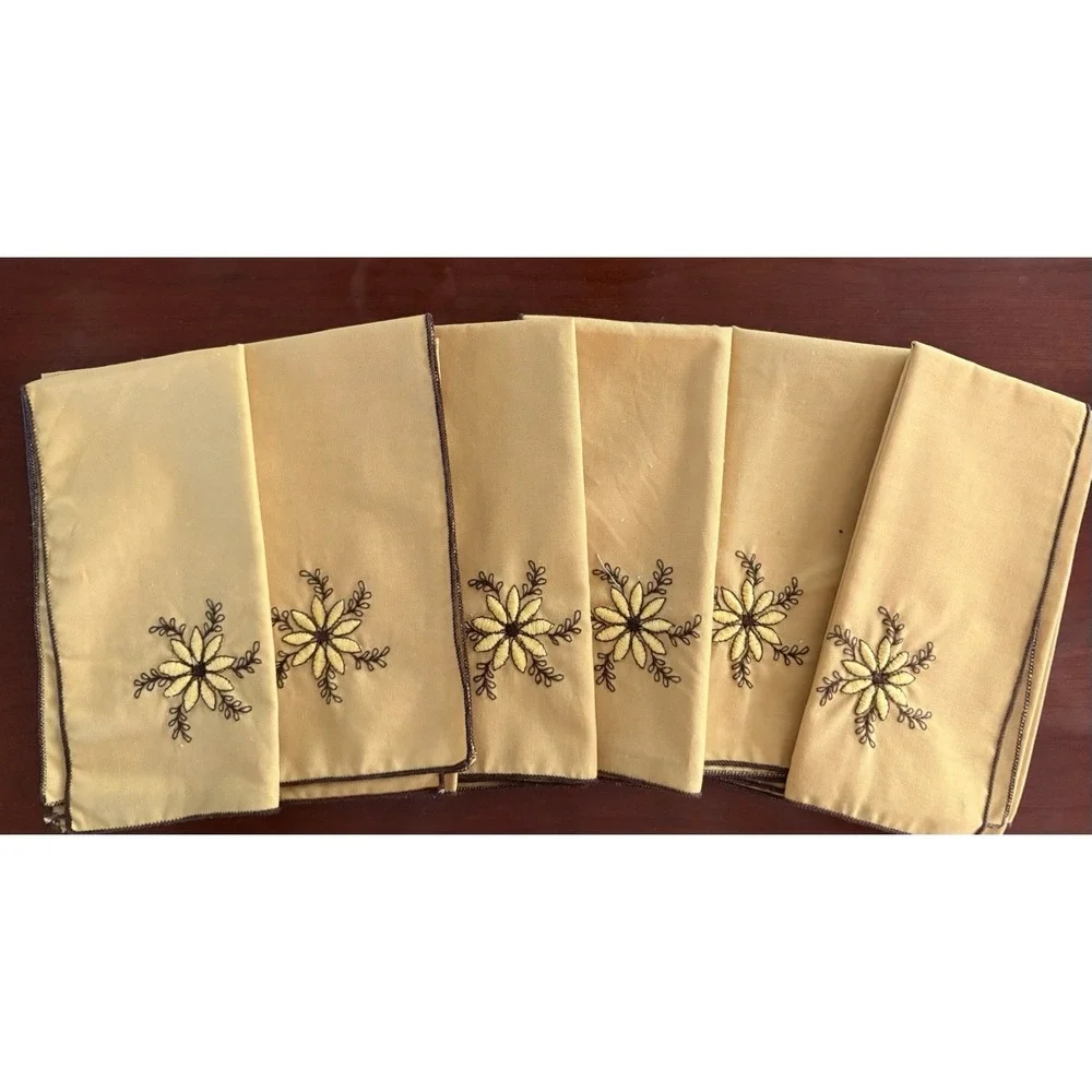 Cloth Napkins Vintage Set Of 6 MCM Yellow & Brown With Flower 16.5